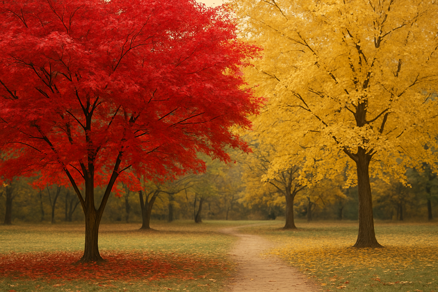 赤いカエデと黄色いイチョウが並ぶ秋の風景