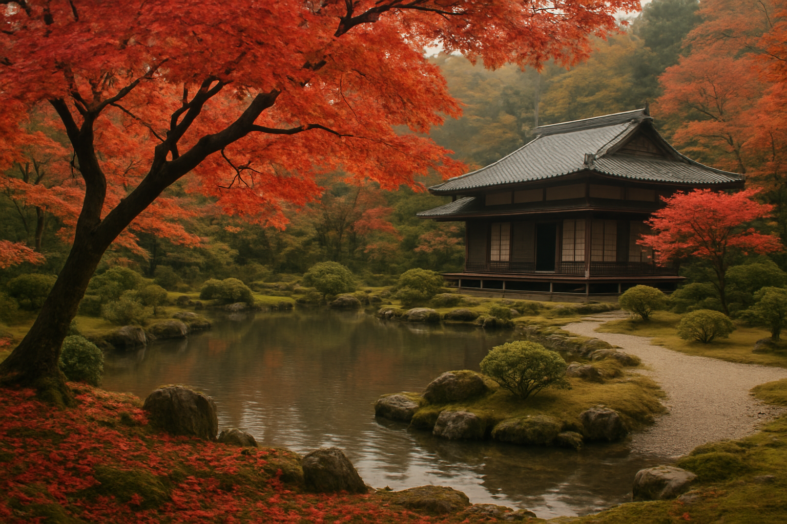 寺社の庭園に広がる紅葉の風景