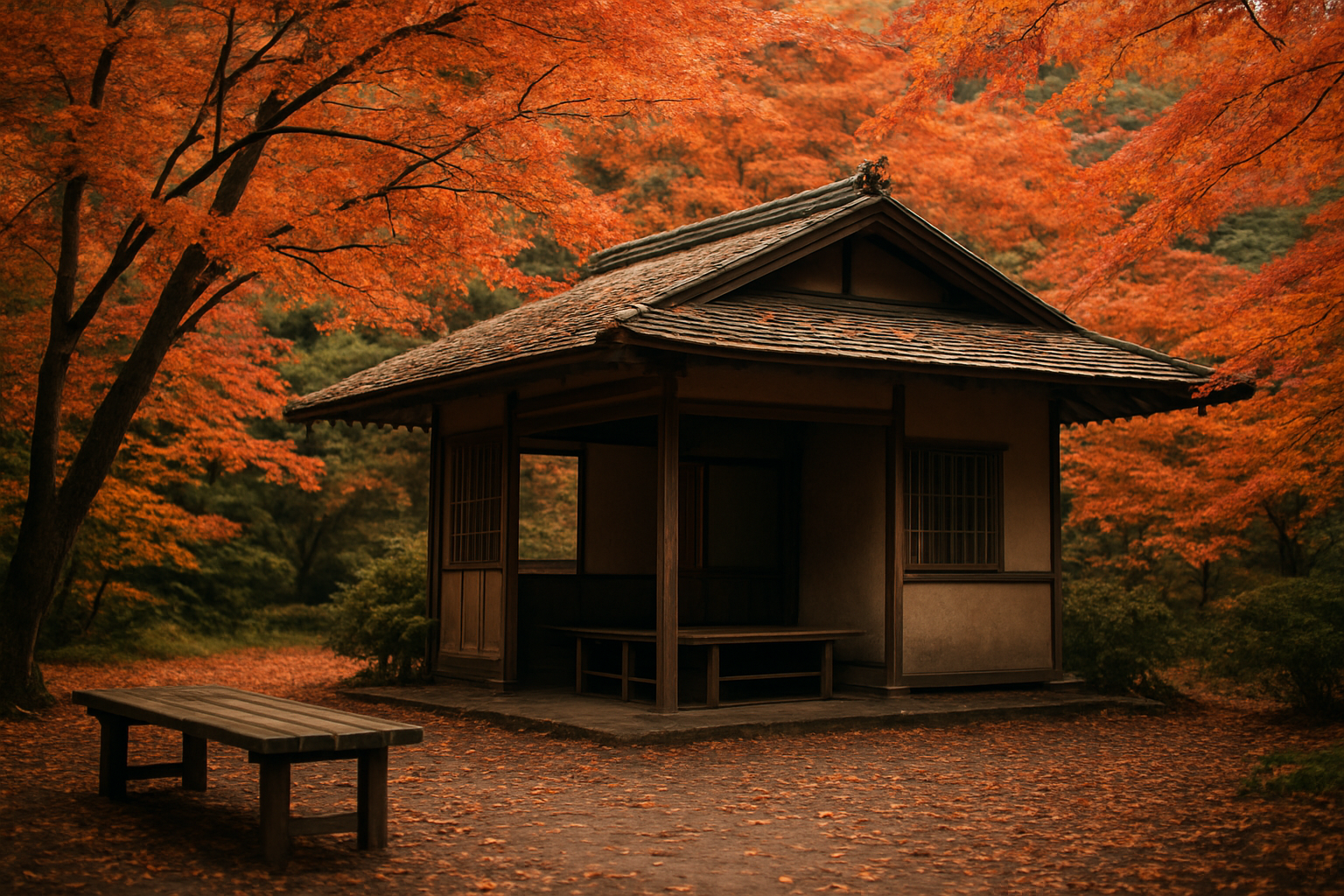 紅葉に囲まれた茶屋やベンチでくつろぐ風景