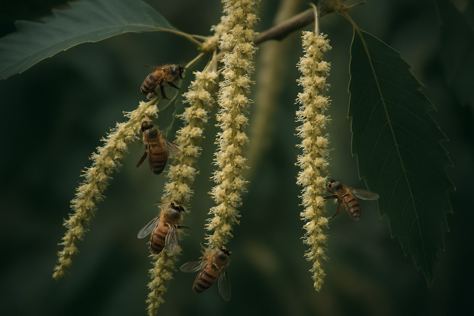 栗の雄花穂にハチやアブが集まるイメージ