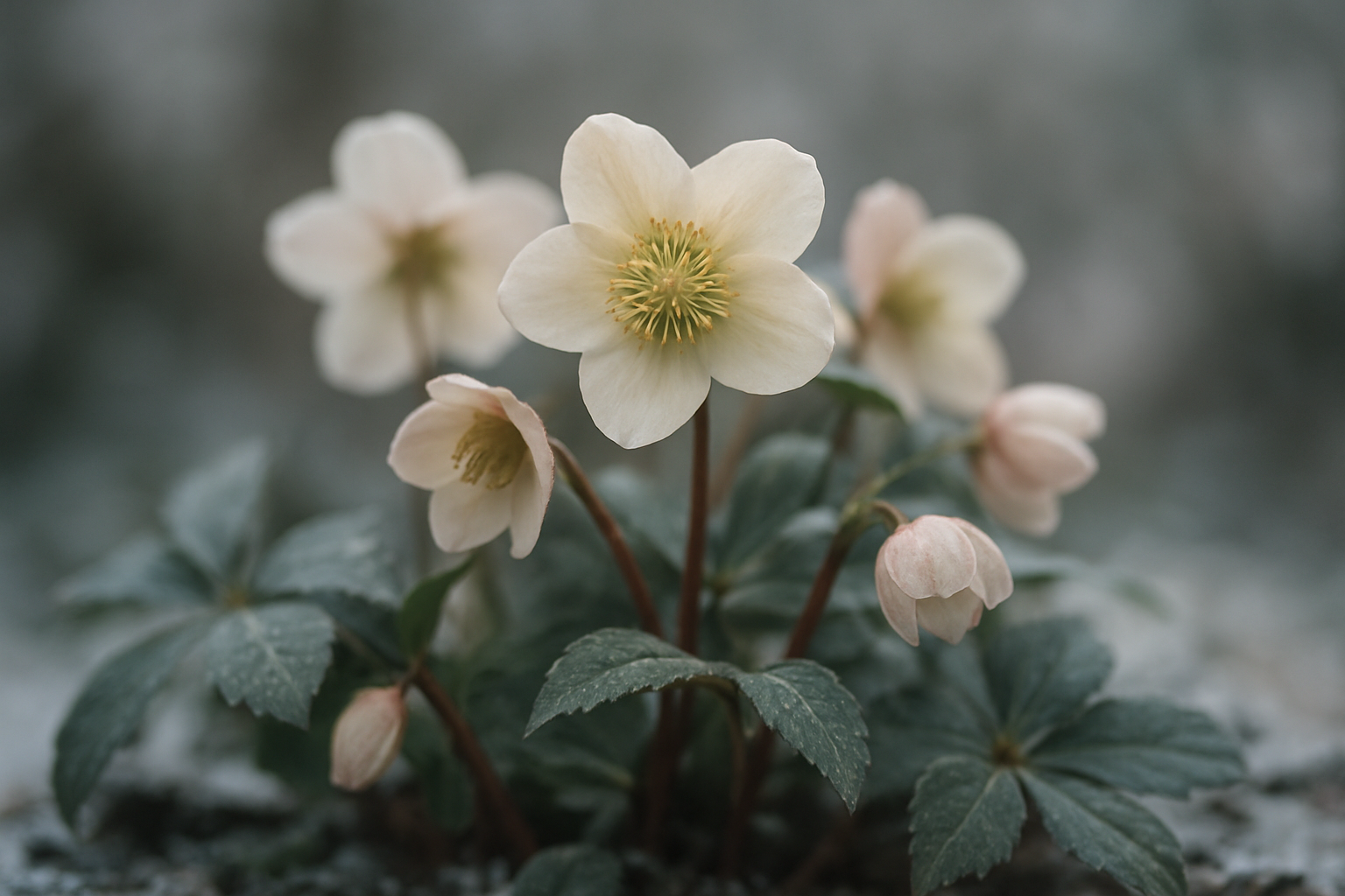 冬の庭に咲くクリスマスローズの上品な写真風イメージ