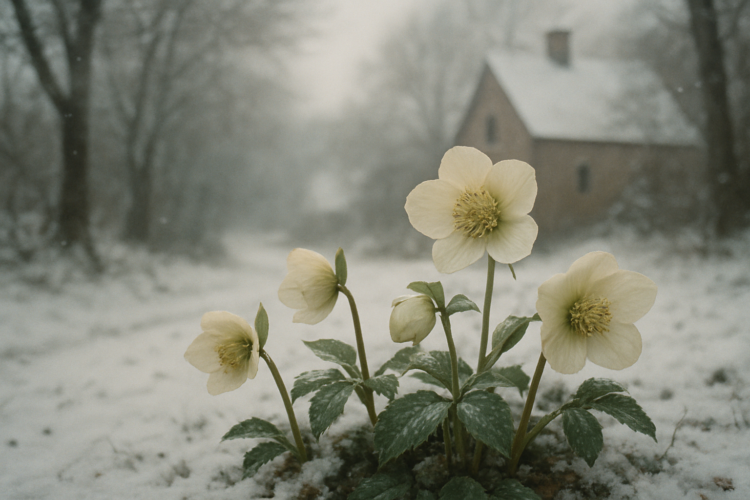 ヨーロッパの冬景色とクリスマスローズをイメージした落ち着いた写真風イラスト
