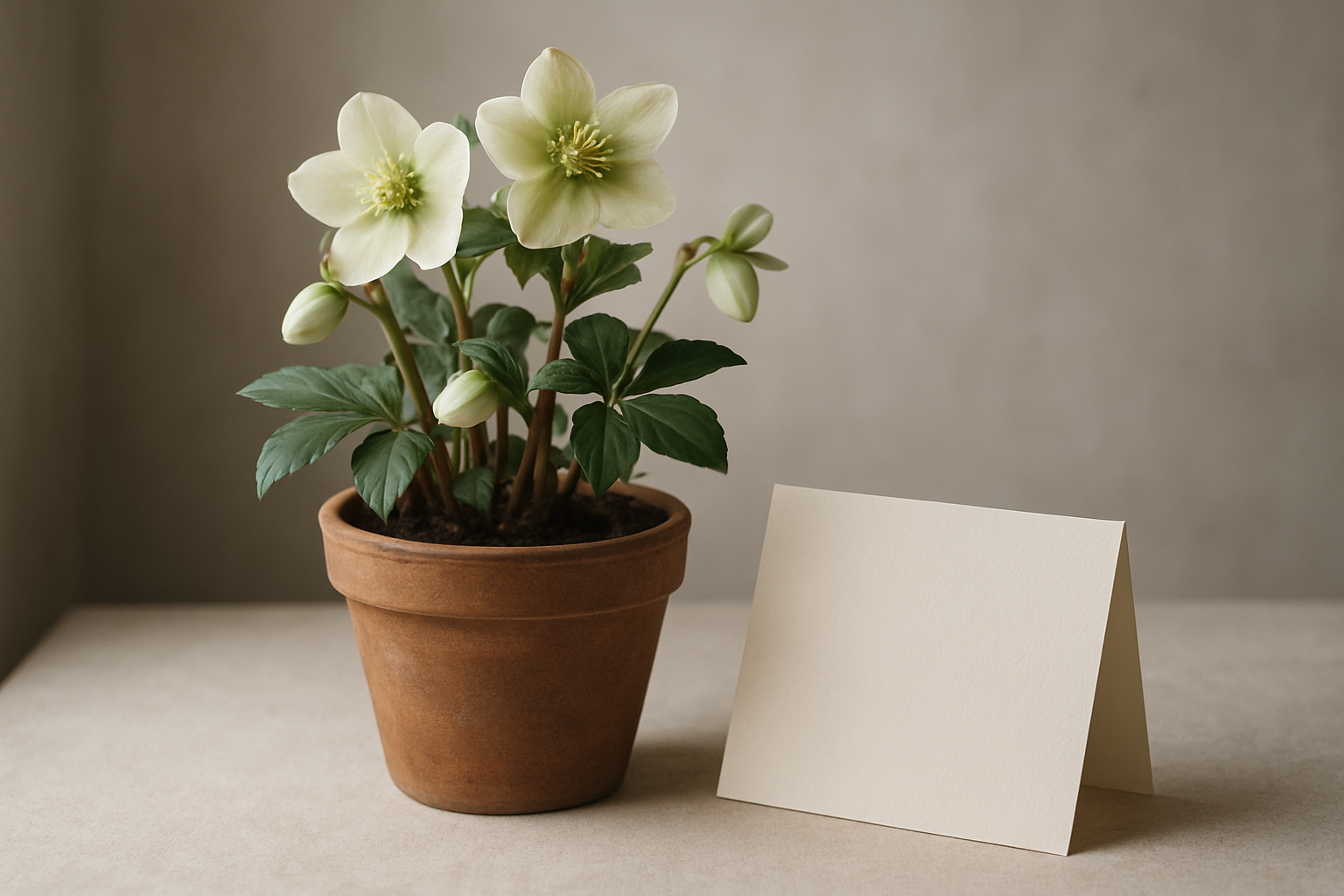 鉢植えのクリスマスローズとメッセージカードのイメージ