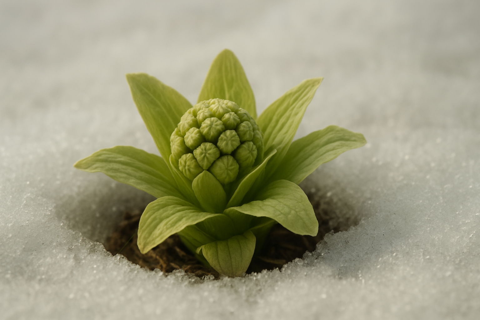 蕗の薹（ふきのとう）が雪の間から顔を出す様子