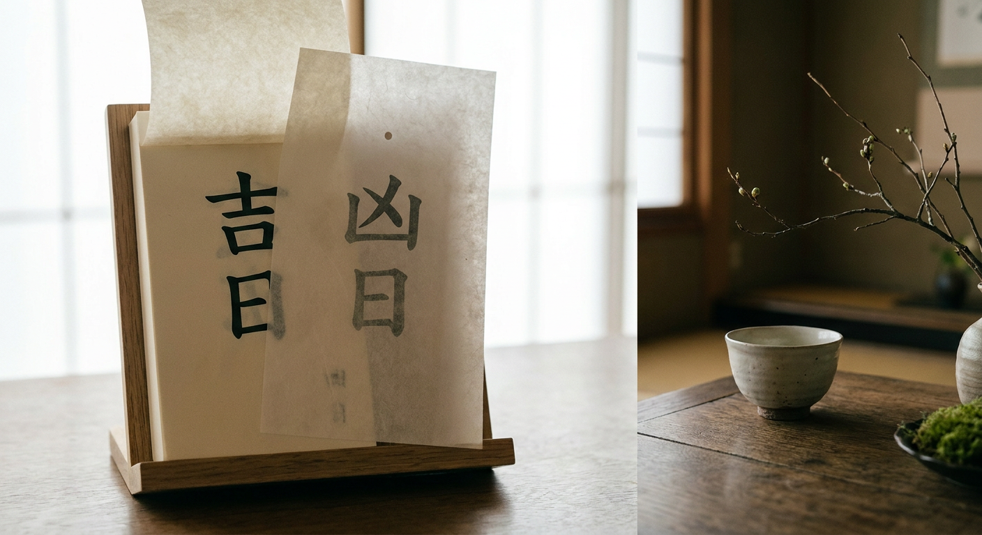 日めくりカレンダーで吉日と凶日が重なるイメージ