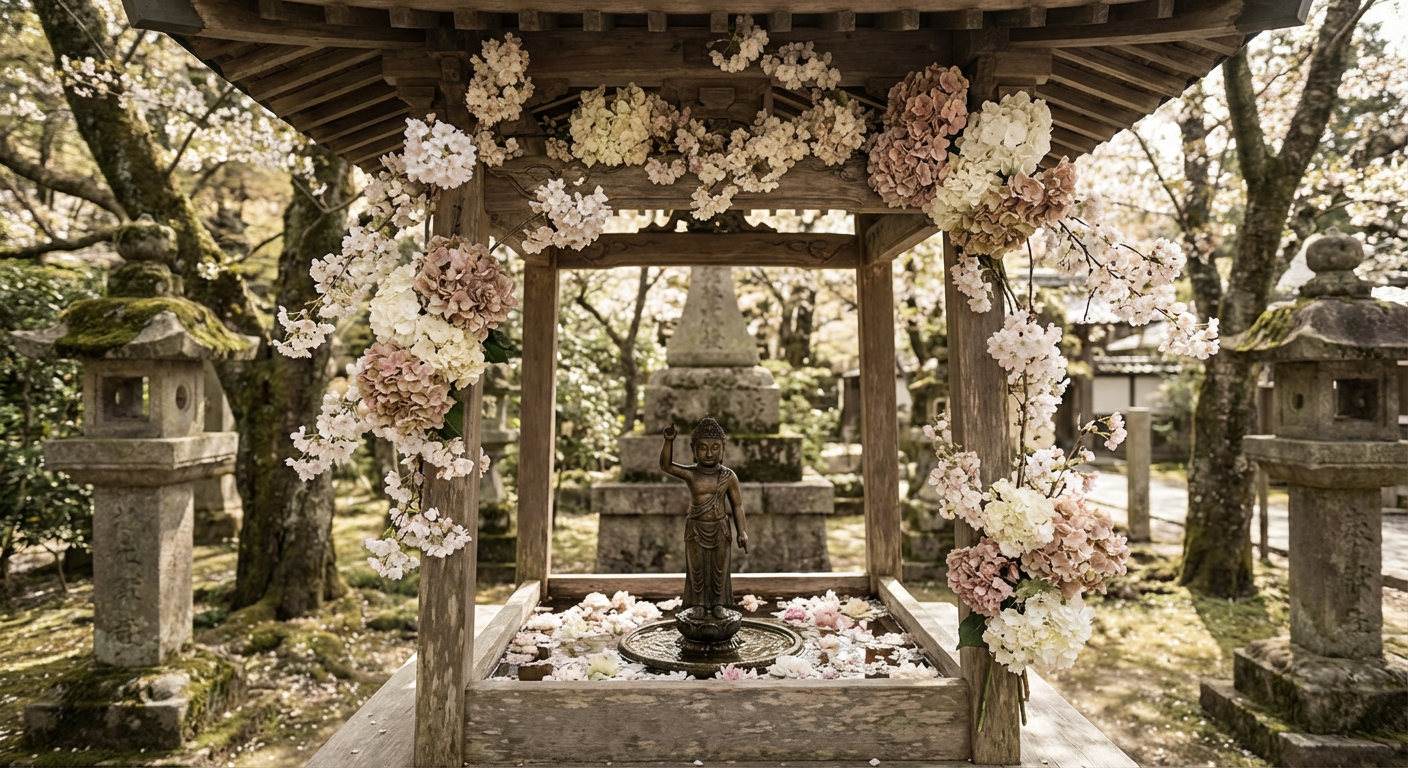 花で飾られた花御堂と誕生仏のイメージ