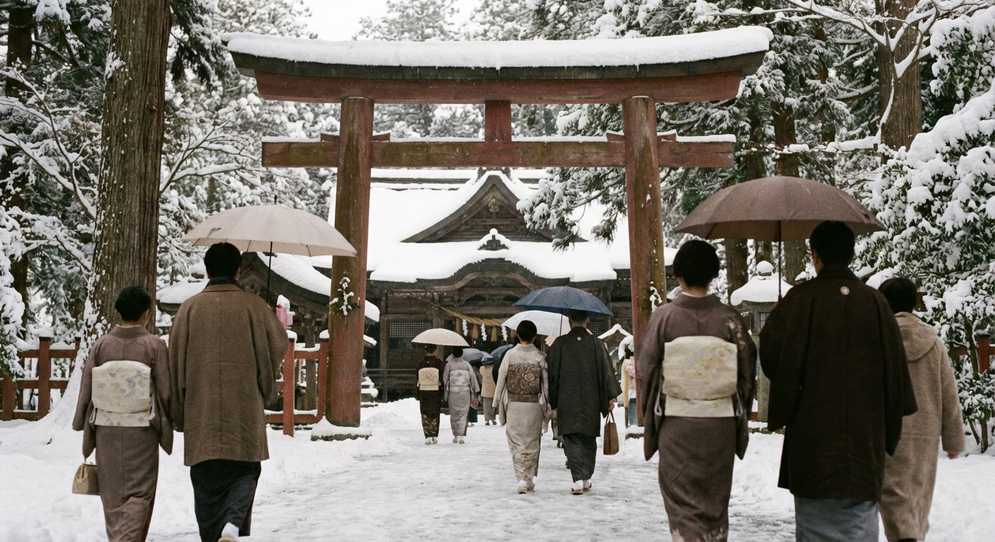 雪化粧した神社の鳥居と初詣に向かう参拝者の風景
