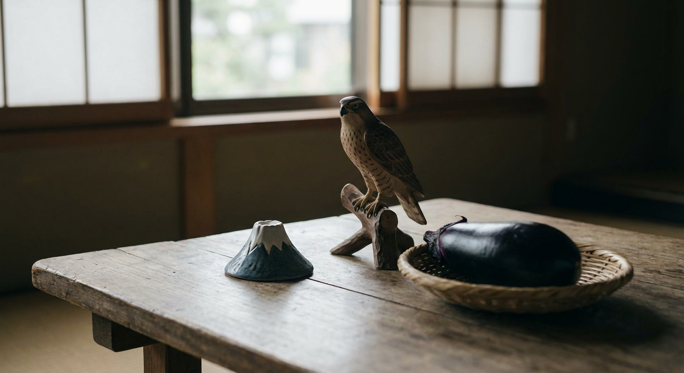 富士山・鷹・茄子の縁起物イラスト