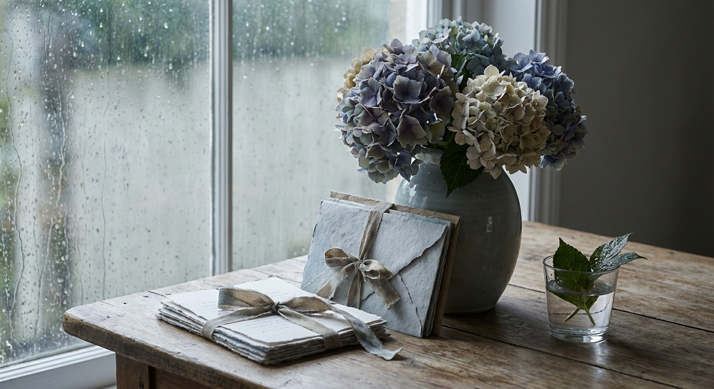 6月の紫陽花と梅雨の便箋イメージ