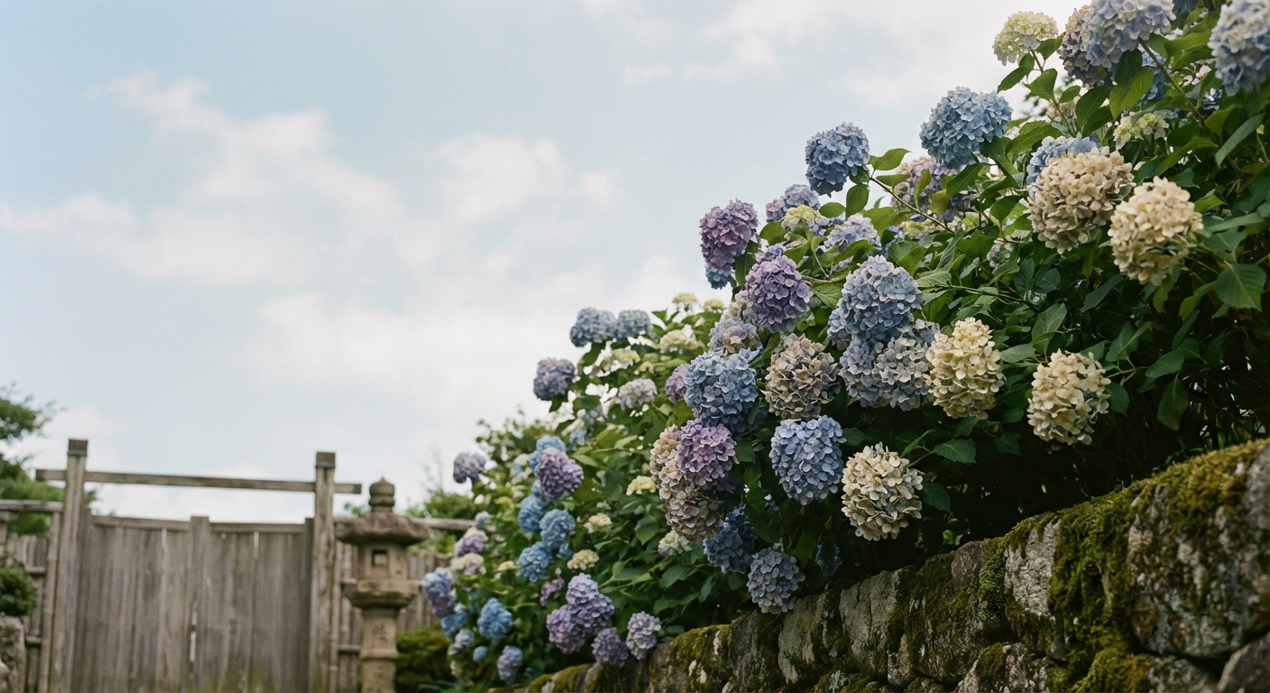 夏至の頃の青空と紫陽花のイメージ