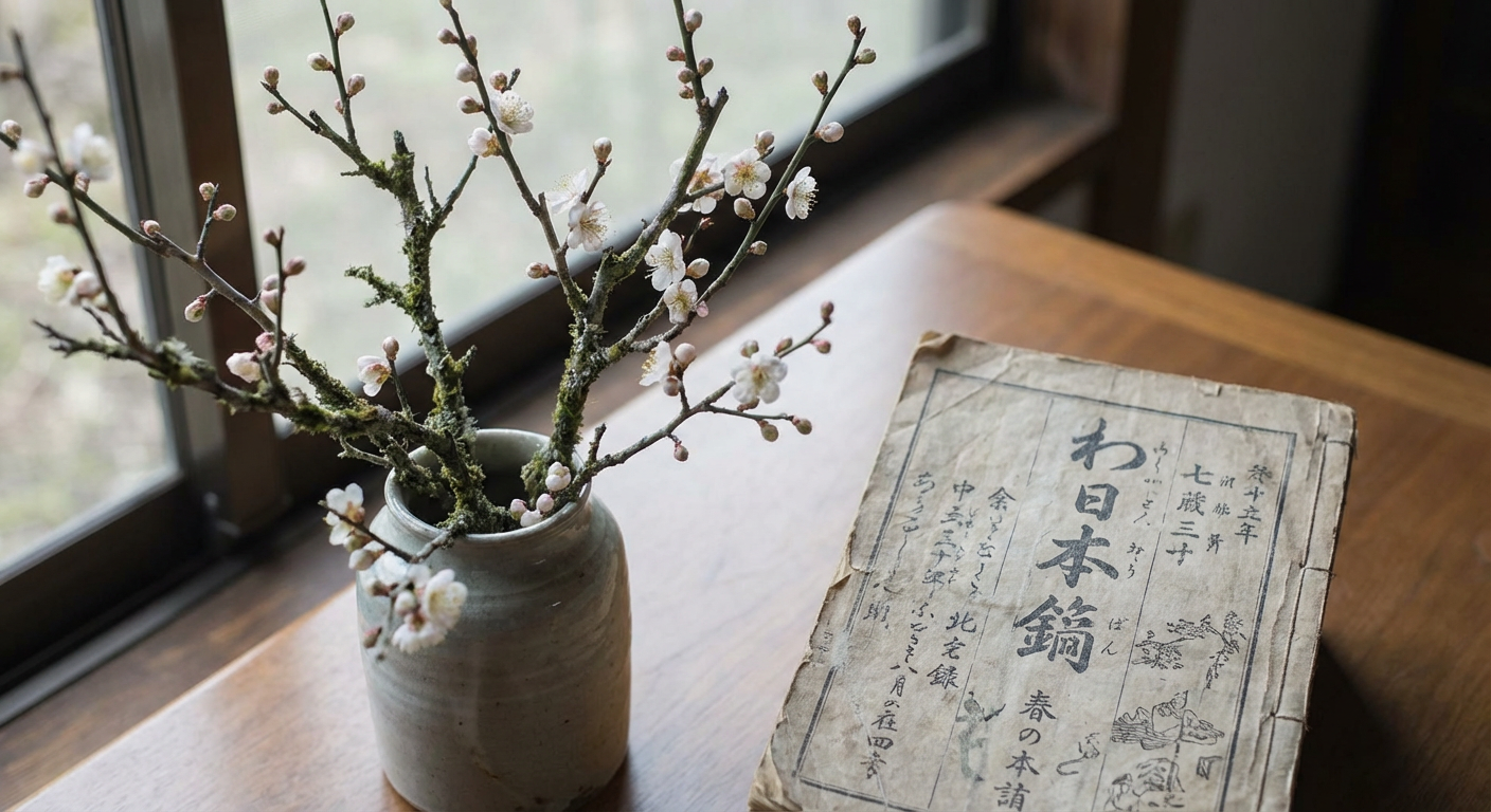 早春の梅の枝と古い和暦の表紙が並ぶ落ち着いた写真