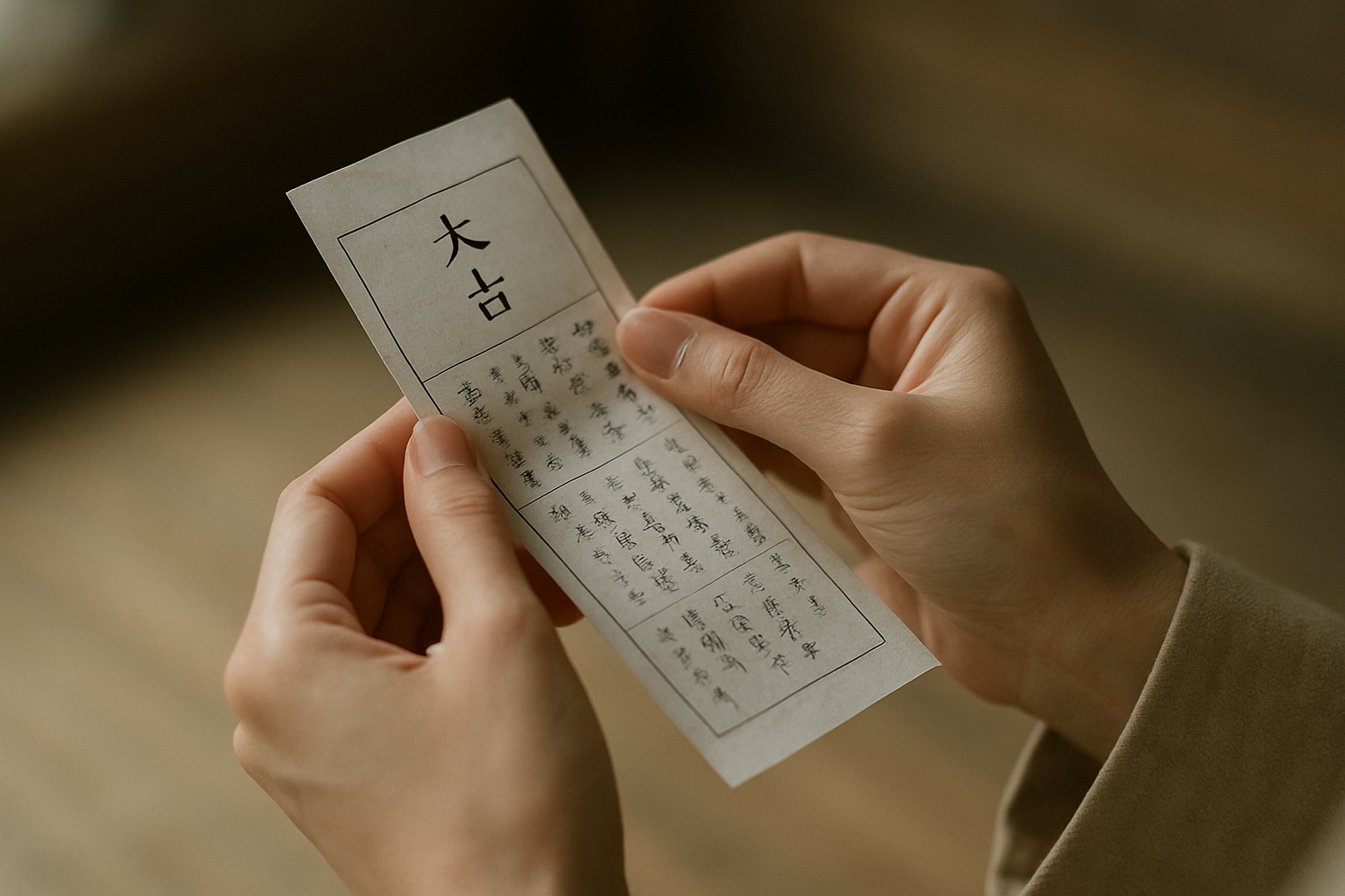 おみくじを開いて読んでいる手元のイメージ