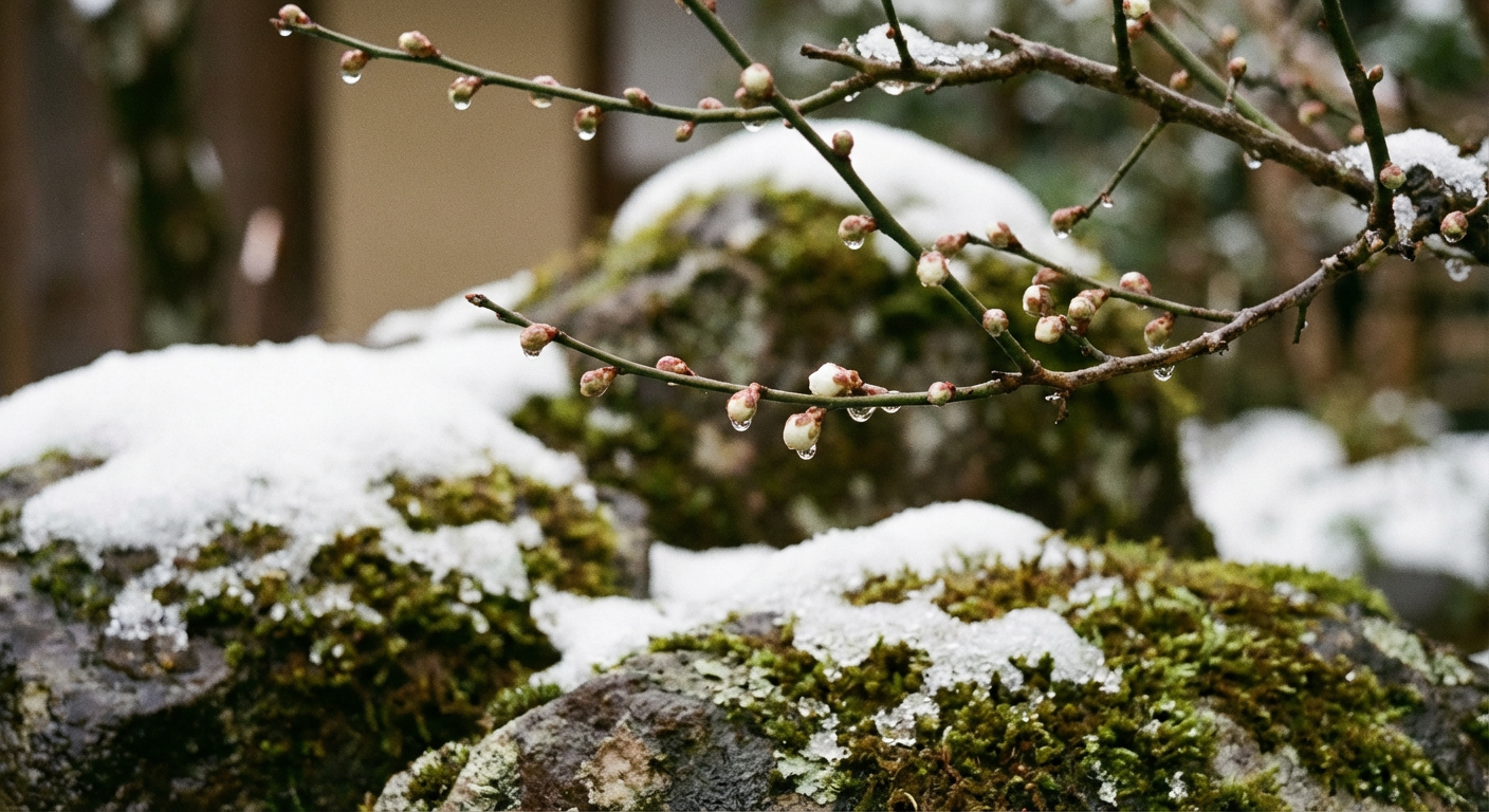 立春の朝、雪解けと梅のつぼみのイメージ写真
