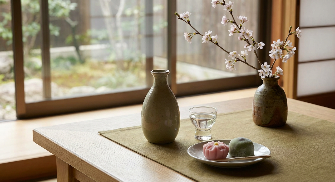 立春朝搾りの日本酒や和菓子のイメージ写真