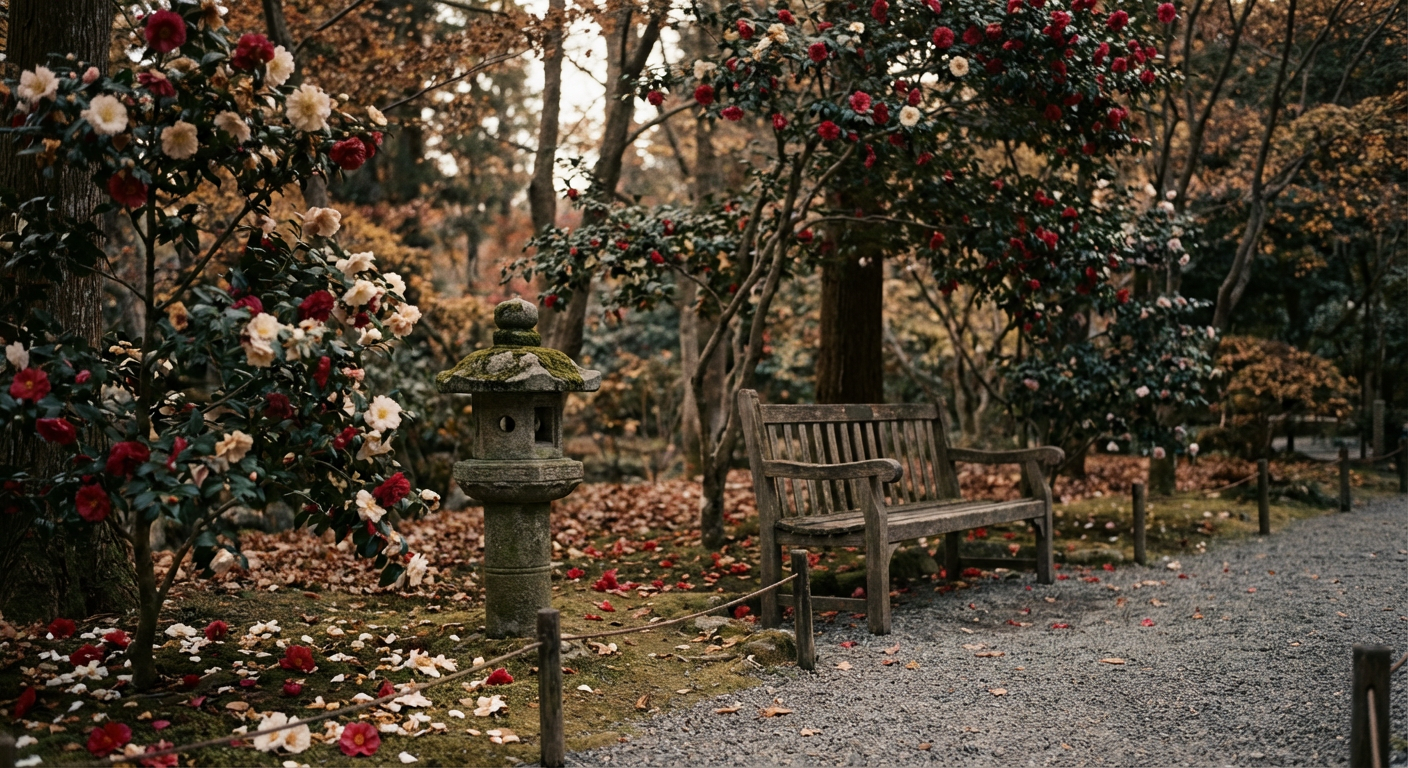 山茶花（さざんか）が咲く晩秋の庭のイメージ