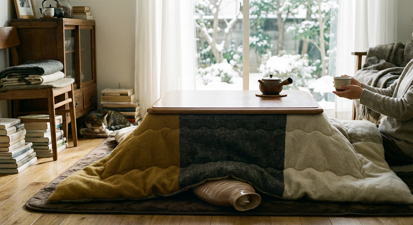 こたつや温かい飲み物がある冬の部屋のイメージ