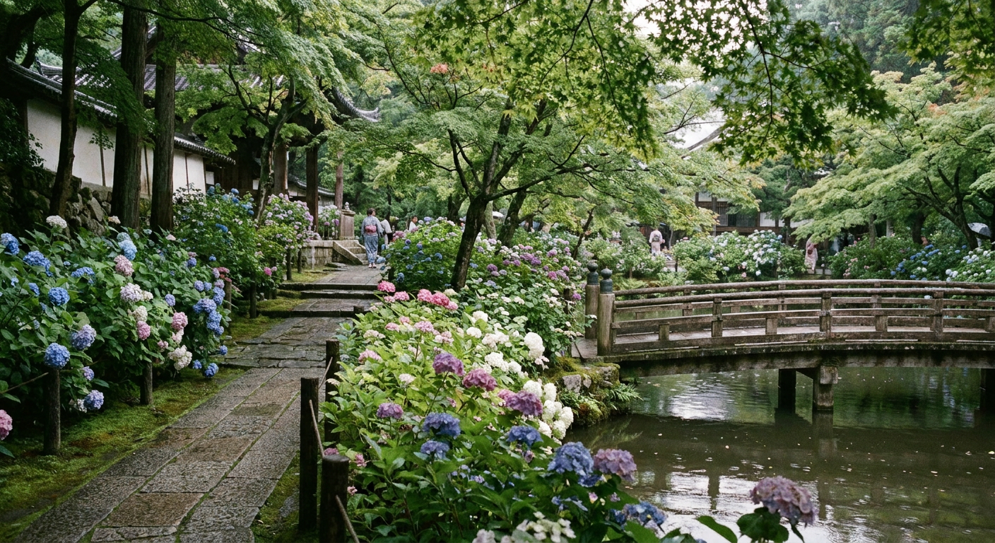 あじさい祭りの会場や色とりどりのあじさいの風景