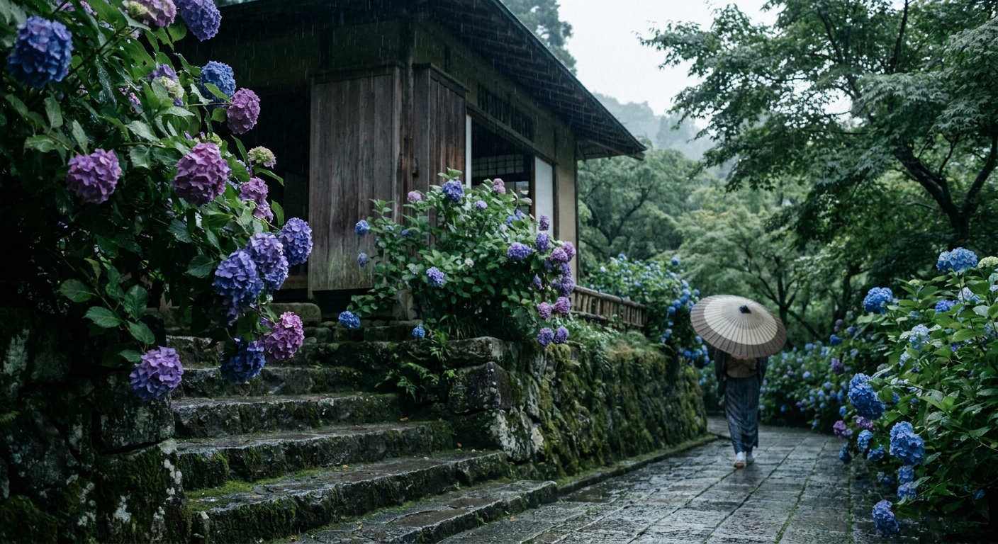 梅雨の紫陽花と6月の季節感を表す落ち着いた写真