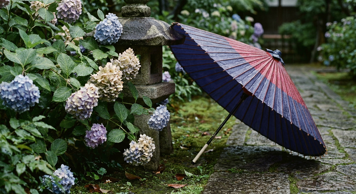 雨に濡れたあじさいと和傘など、梅雨の6月をイメージさせる写真