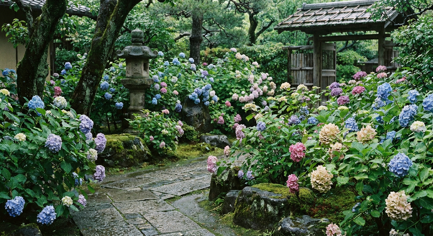 色とりどりのあじさいが咲く梅雨の庭の写真