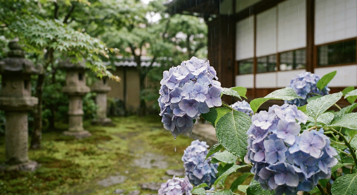 紫陽花に雨粒が落ちる梅雨の風景