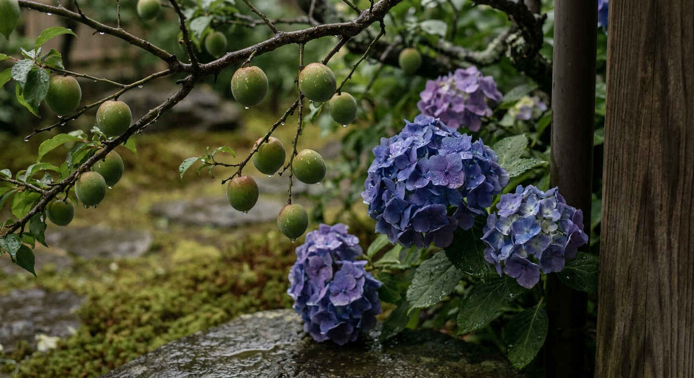 6月の雨に濡れる紫陽花と梅の実