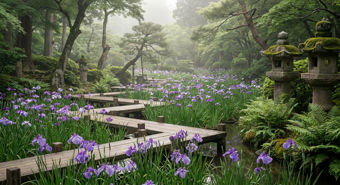 菖蒲園で咲く紫のアヤメの花