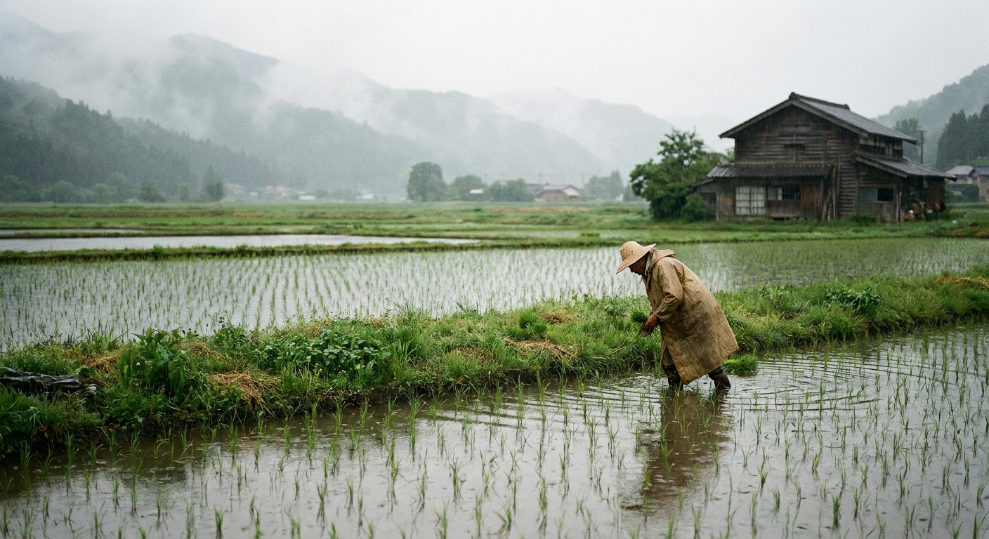 梅雨どきの田んぼと水田のイメージ(落ち着いた写真風)