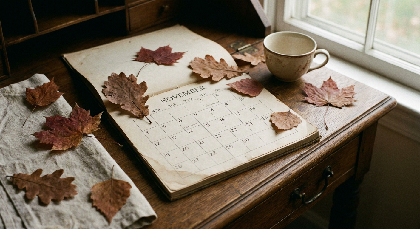 11月のカレンダーと秋の落ち葉のイメージ