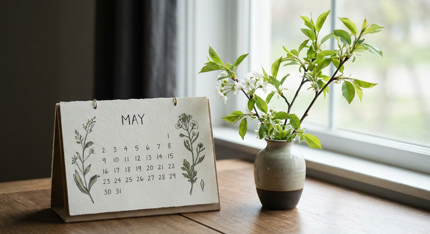 5月のカレンダーと新緑をイメージした写真