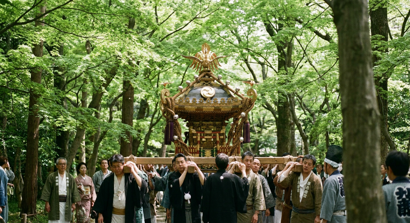 新緑のなか神輿が練り歩く5月の祭りの情景