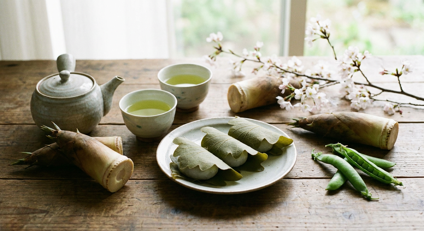 新茶や柏餅など5月の旬の食材を並べた写真