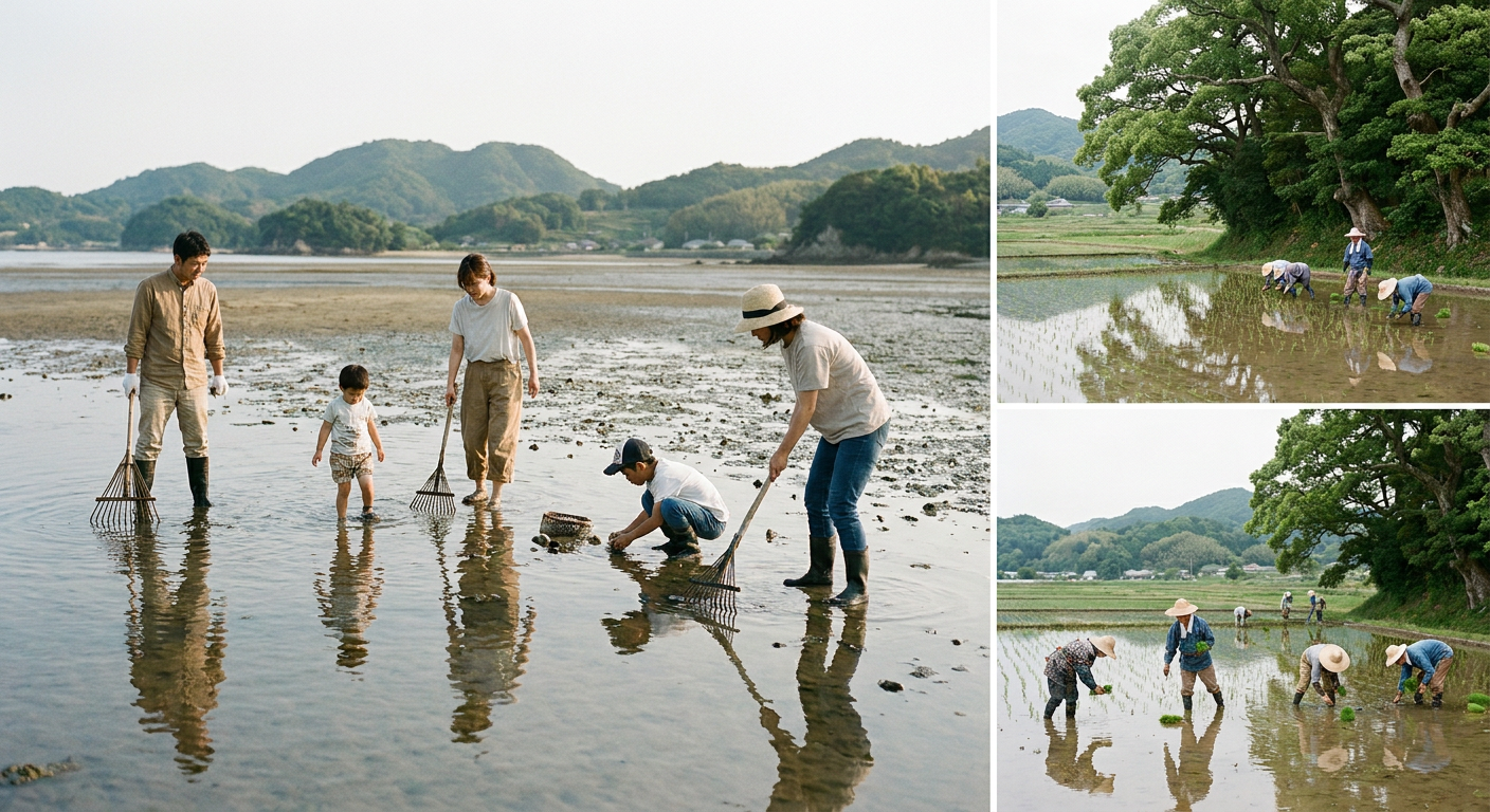 潮干狩りや田植えなど初夏の自然体験をイメージした、明るく落ち着いた写真風イメージ