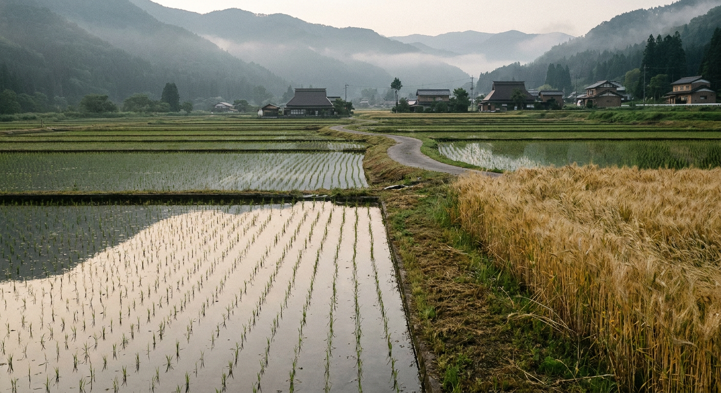 田植え後の田んぼや麦畑のイメージ写真