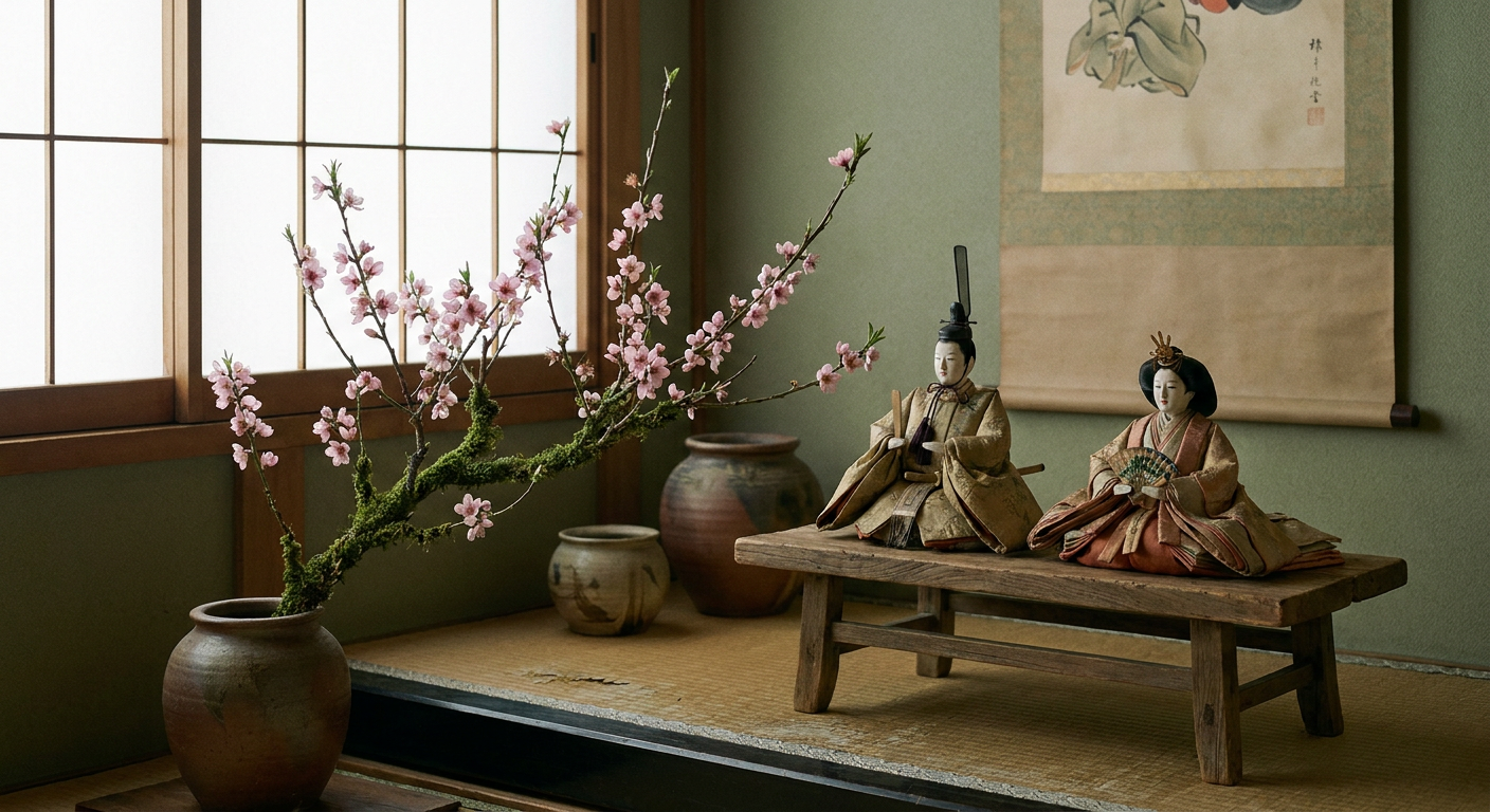 桃の花とひな人形を並べた春らしいイメージ
