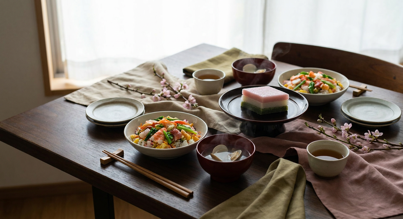 ちらし寿司・はまぐりのお吸い物・菱餅などひな祭りの食卓イメージ