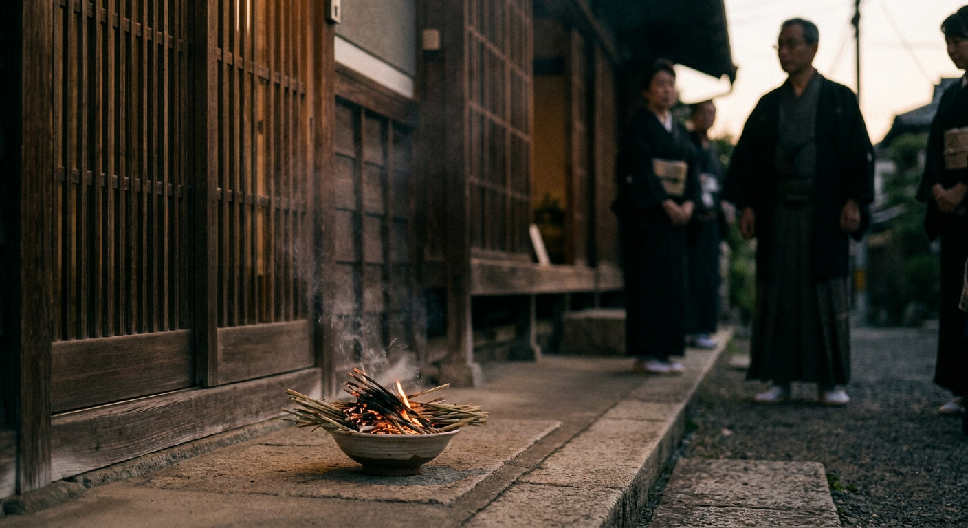 夕暮れの玄関先でおがらを焚く送り火のイメージ