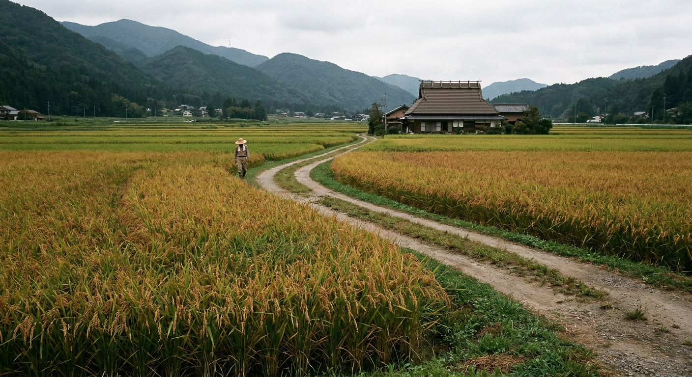 稲穂が色づき始めた田園風景