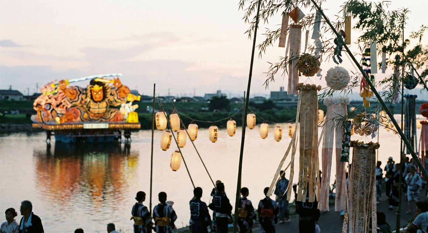 東北三大祭りのイメージ（青森ねぶた・秋田竿燈・仙台七夕の幻想的な夏の祭典の写真）