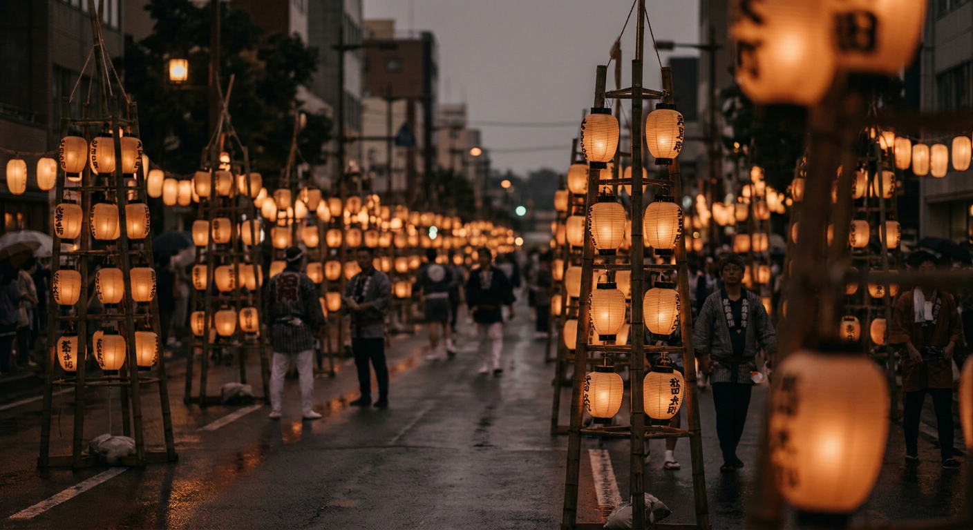 夜の竿燈大通りに無数の竿燈が並ぶ秋田竿燈まつりの写真