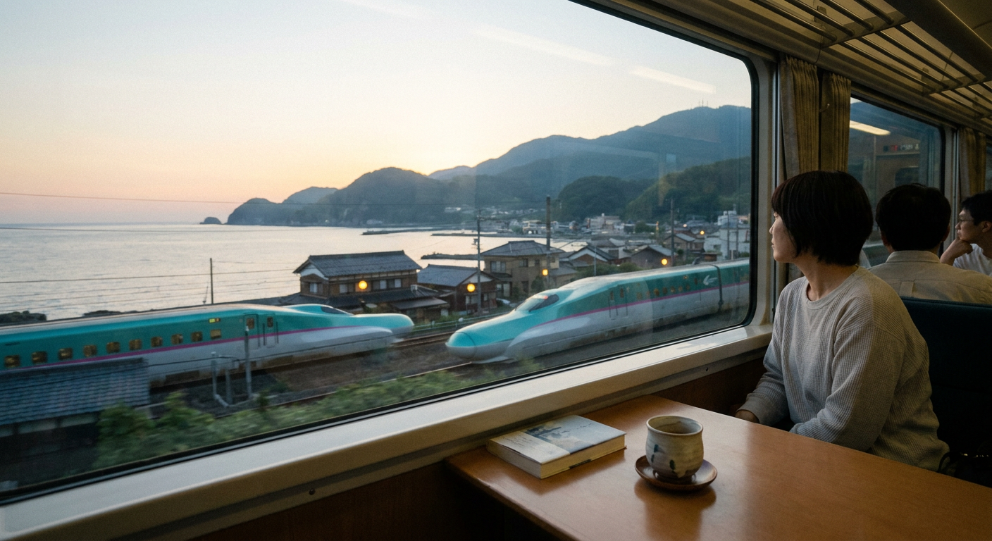 夏の東北を旅するイメージ写真（新幹線や夕暮れの街並み）