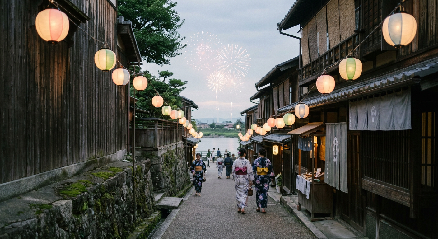 夏祭りの提灯や花火など8月の風物詩のイメージ
