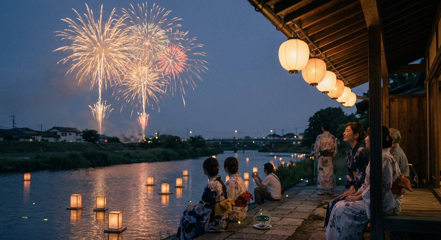夏の夜空に上がる花火や、お盆の提灯など、8月の風物詩を象徴する落ち着いたイメージ写真