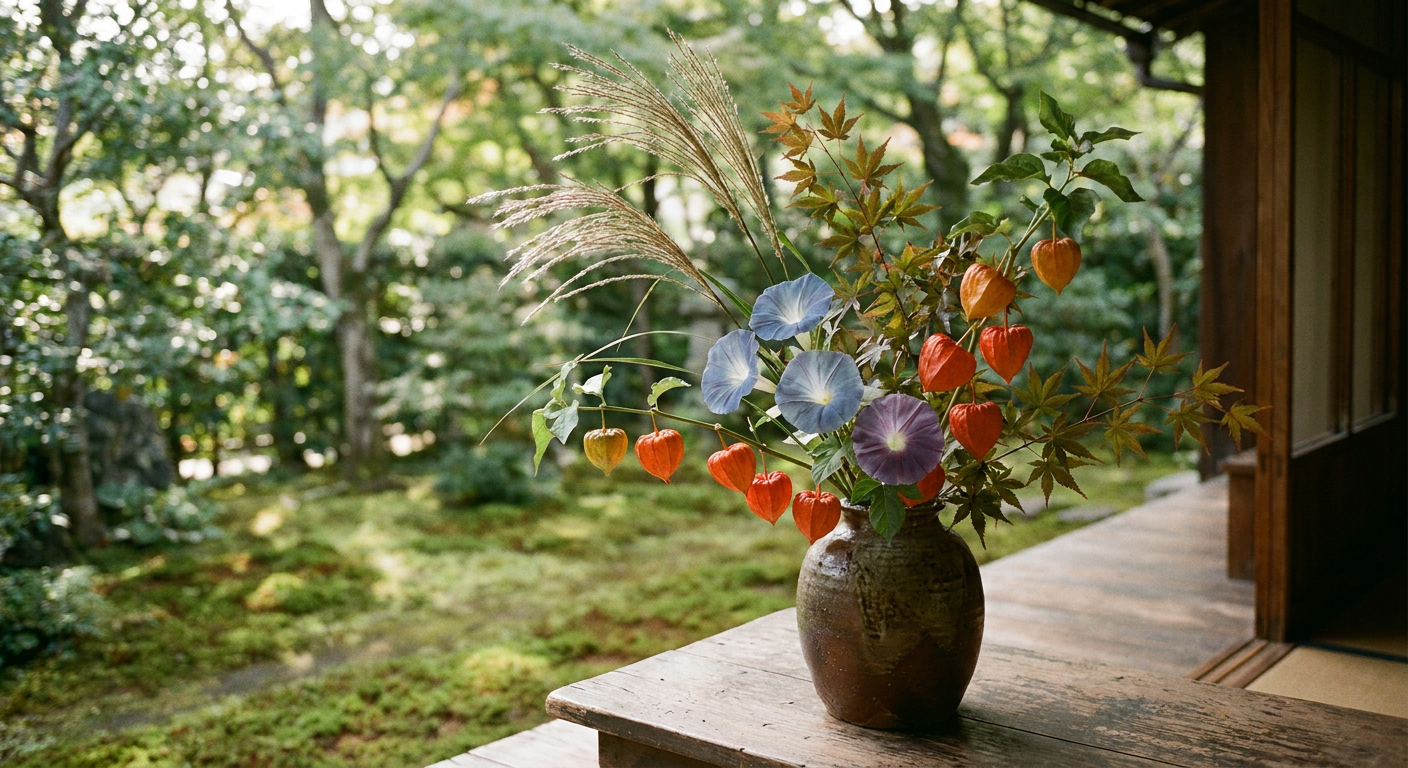 朝顔や鬼灯など、初秋の植物を添えた季節感のあるイメージ