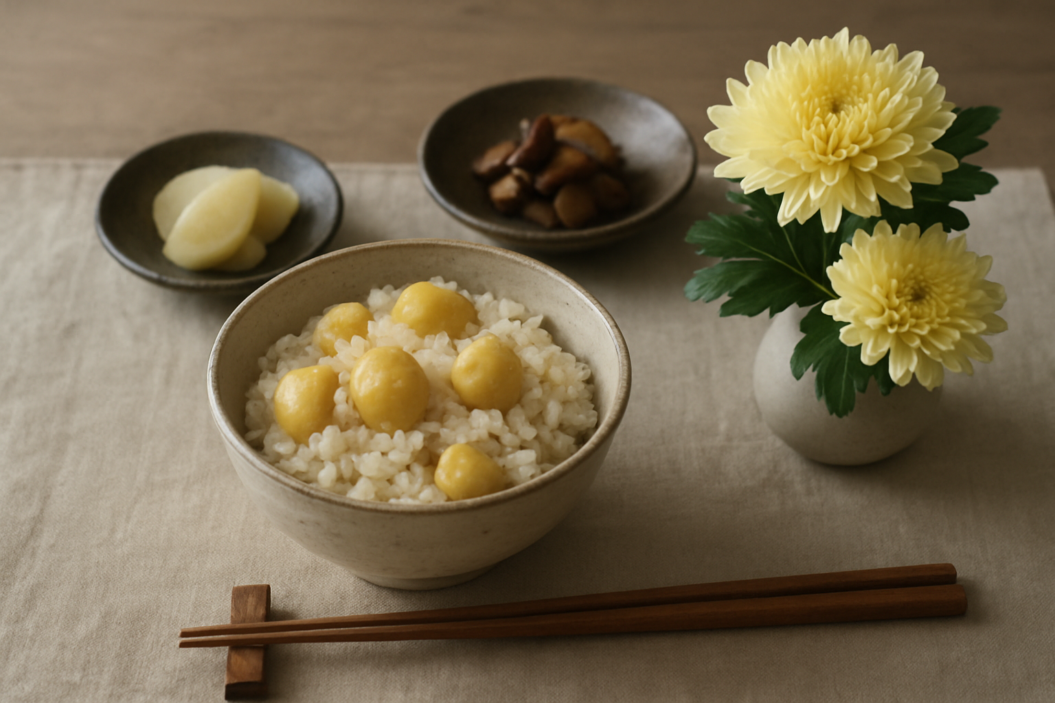栗ご飯や食用菊など重陽の行事食のイメージ写真