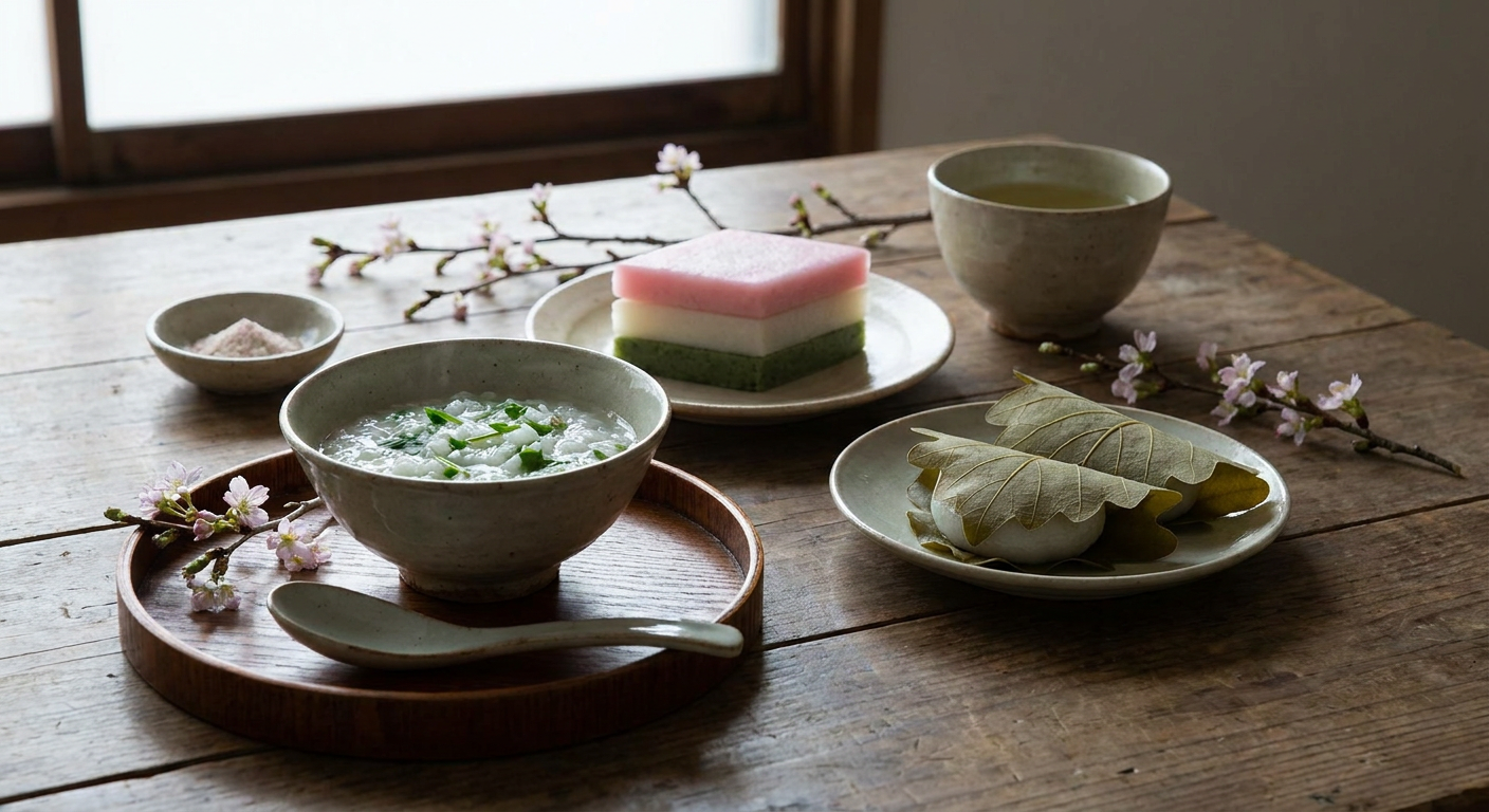 七草がゆ・菱餅・柏餅など五節句の行事食を並べた上品な写真イメージ