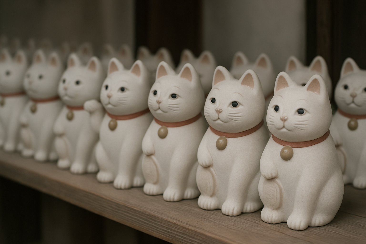 豪徳寺の奉納所に並ぶ白い招き猫（招福猫児）のイメージ