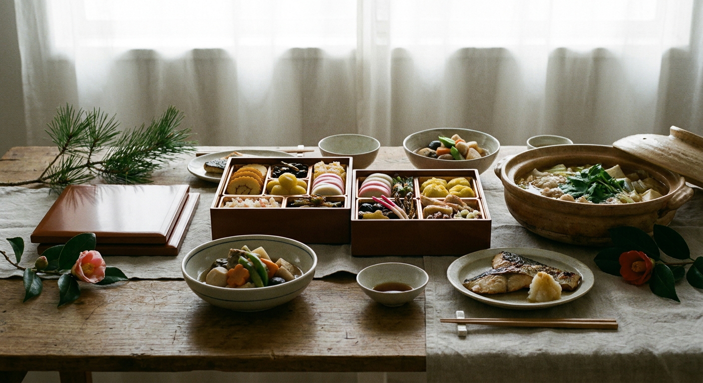 おせちや季節の料理が並んだ食卓のイメージ（写真風・落ち着いたトーン）