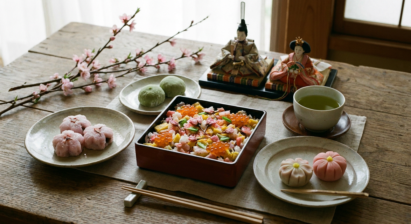 ひな祭りのちらし寿司や春の和菓子など、上半期の行事食イメージ