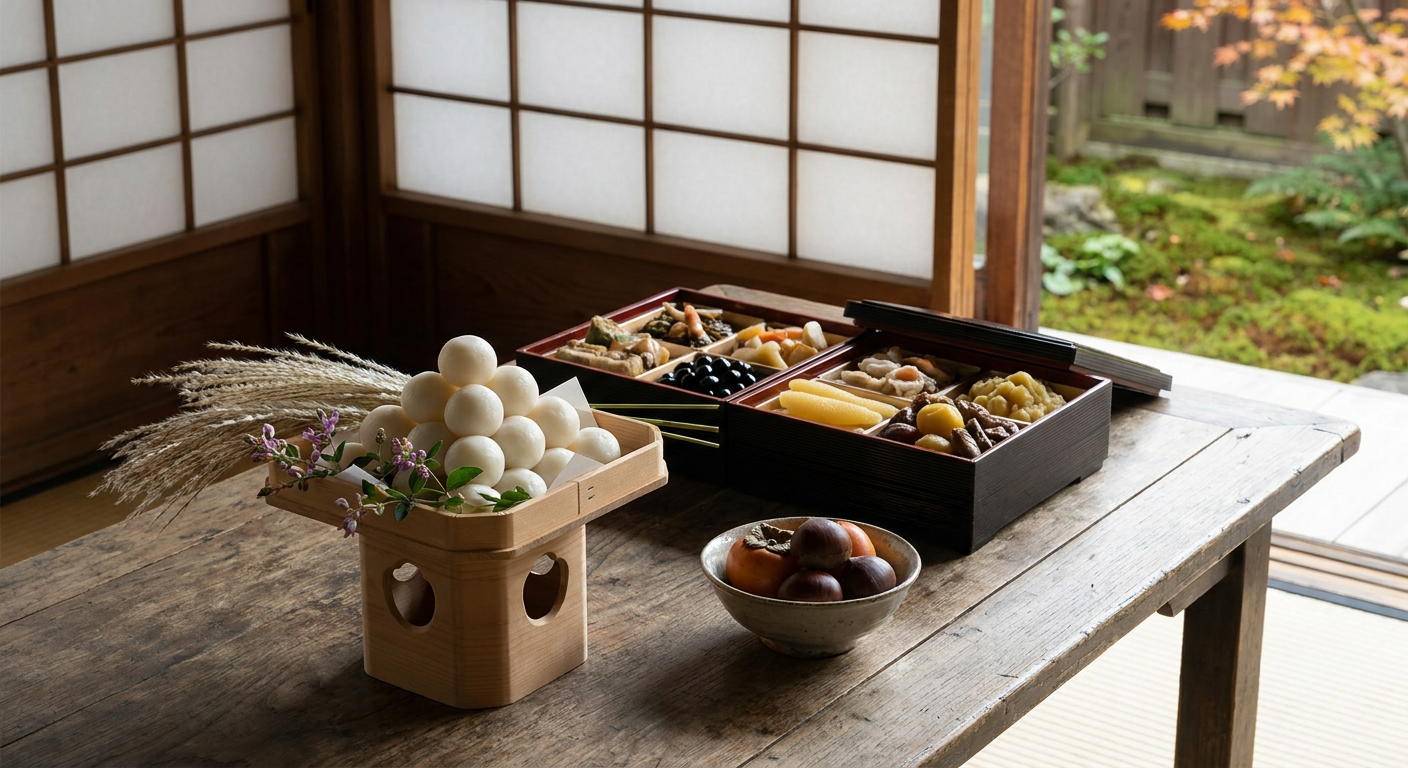 お月見団子やおせちなど、下半期の行事食イメージ
